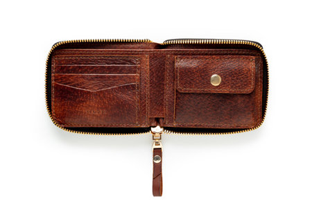 Brown leather wallet with zipper isolated on white background. open view
