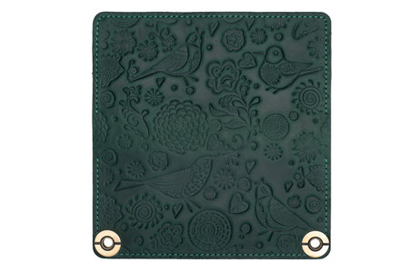 Big green leather wallet on a button on a white background, birds print. top viewの写真素材