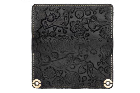 Big black leather wallet on a button on a white background, birds print. top viewの写真素材