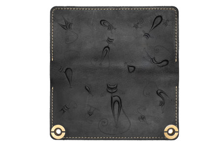 Big black leather wallet on a button on a white background, cats print. top viewの写真素材