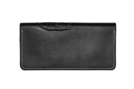 Big black leather wallet on a button on a white background, owl print. top viewの写真素材