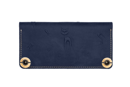 Big blue leather wallet on a button on a white background, cats print. top viewの写真素材