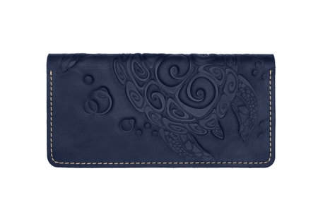 Big blue leather wallet on a button on a white background, turtle print. top viewの写真素材