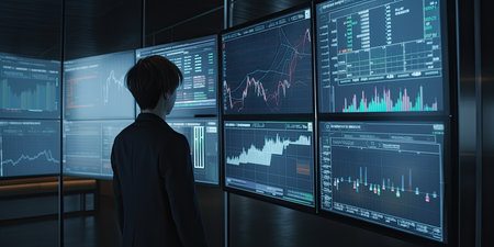 Businesswoman looking at monitor with stock market data. 3D renderingの素材