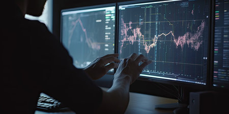 Close-up of male hands using computer monitor with stock market dataの素材