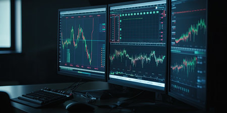 Computer monitors with stock market data on the screen. 3d renderingの素材