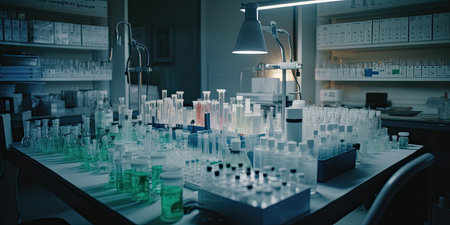 Laboratory research and development concept. Laboratory glassware containing chemical liquid.の素材