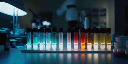 Laboratory glassware with multicolored liquids, science research conceptの素材