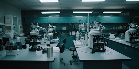 Medical equipment in modern laboratory. Microscope, test tubes and other equipmentの素材