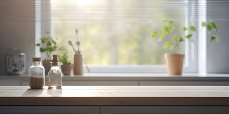 Empty glass bottles on wooden table in modern kitchen interior. Mock upの素材
