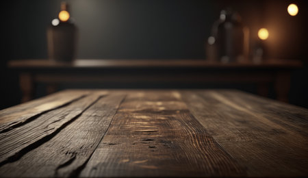 Empty wooden table and blurred background of bar interior. For product displayの素材