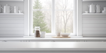 Kitchen interior with a large window. 3d rendering mock upの素材