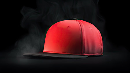 Red baseball cap with smoke on black background. 3d illustration.の素材