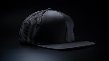 Black baseball cap on a black background. Mock up design.の素材