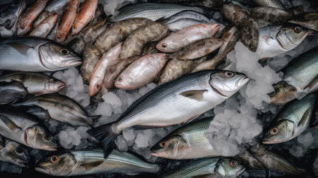 Fresh fish on ice in the supermarket. top view. Toned.の素材
