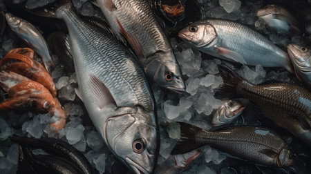 Fresh fish on ice. seafood background. top view. toned.の素材