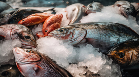 Fresh fish on ice at the fish market. Seafood and healthy eating conceptの素材