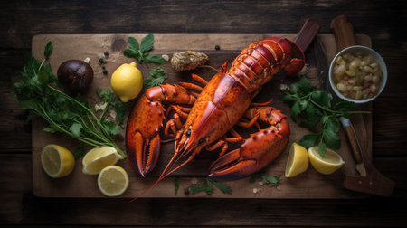 Lobster with lemon and herbs on rustic wooden background.の素材