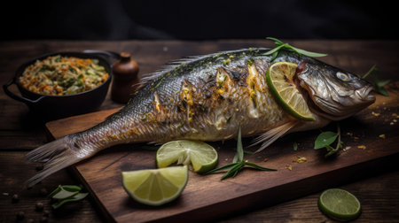 Grilled fish with herbs and spices on a wooden board. selective focus.の素材