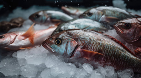 Fresh fish on ice in supermarket, close up. seafood backgroundの素材