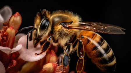 Macro shot of a bee collecting nectar from a flower.の素材