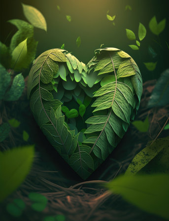 Heart made of green leaves in the forest. 3D illustration.の素材