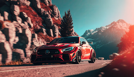 Illustration of red car on mountain road in summer sunset, rear view. Generative AIの素材