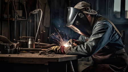 Industrial welder welding fabricated tube construction in factor. Generative AIの素材
