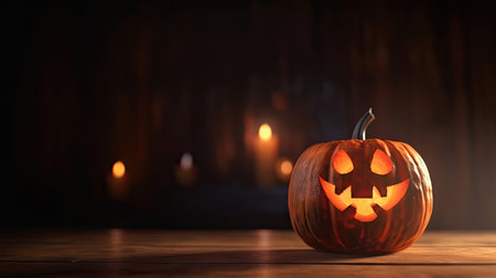 Jack 'O Lantern on wooden background - Halloween. Generative AIの素材