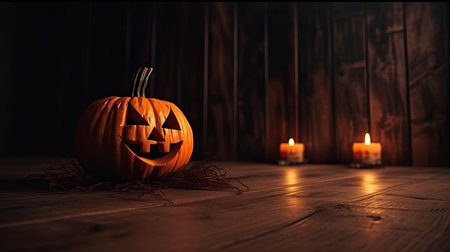 Jack 'O Lantern on wooden background - Halloween. Generative AIの素材