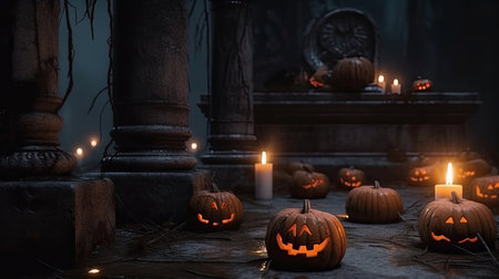 Jack 'O Lantern In Cemetery In Spooky Night With Full Moon - Halloween. Generative AIの素材