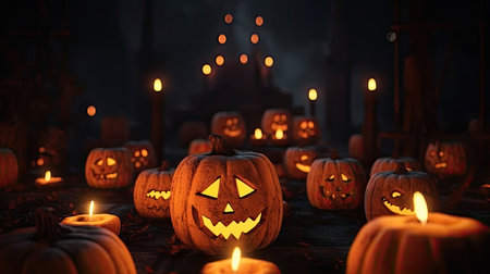 Jack 'O Lantern In Cemetery In Spooky Night With Full Moon - Halloween. Generative AIの素材