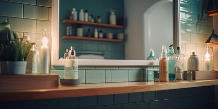 Modern bathroom with wooden shelf and backlit mirror. Generative AIの素材