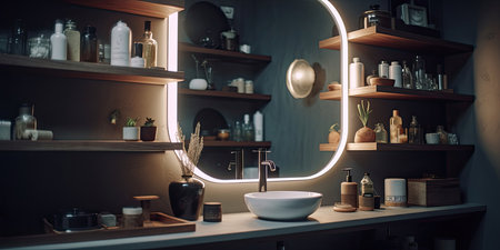Modern bathroom with wooden shelf and backlit mirror. Generative AIの素材