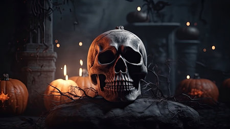 Jack 'O Lantern In Cemetery In Spooky Night With Full Moon - Halloween. Generative AIの素材