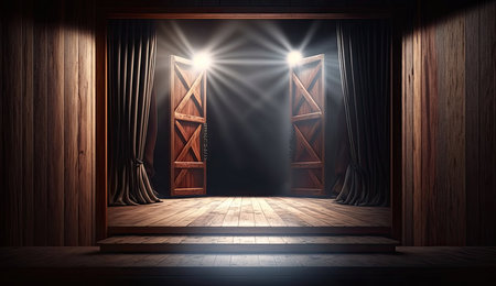 Wooden stage with two doors illuminated by spotlights. Generative AIの素材