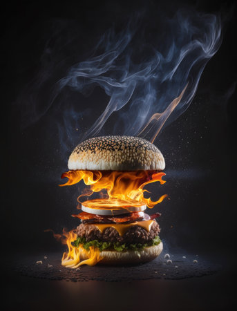 Levitating delicious burger on fire on dark background, Generative AIの素材