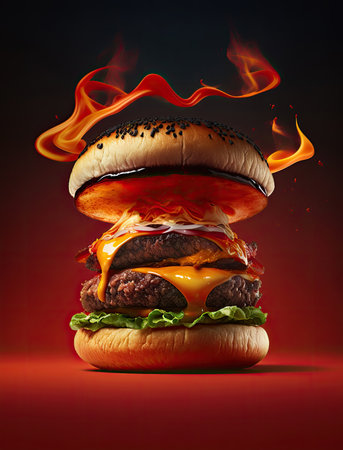 Levitating delicious burger on fire on dark background, Generative AIの素材