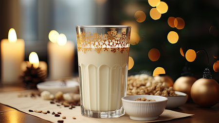 Glass mug of pumpkin spice late or eggnog in a festive, cozy and winter Christmas atmosphere. home feeling mood.の素材
