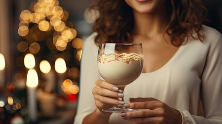 Girl holding a glass with eggnog , cozy and winter Christmas atmosphere. home feeling mood.の素材