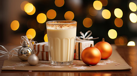 Glass mug of pumpkin spice late or eggnog in a festive, cozy and winter Christmas atmosphere. home feeling mood.の素材