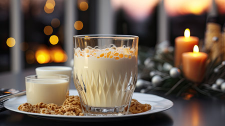 Glass mug of pumpkin spice late or eggnog in a festive, cozy and winter Christmas atmosphere. home feeling mood.の素材