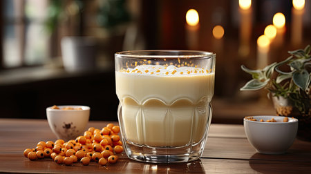 Glass mug of pumpkin spice late or eggnog in a festive, cozy and winter Christmas atmosphere. home feeling mood.の素材