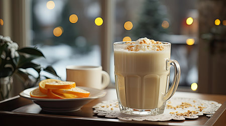 Glass mug of pumpkin spice late or eggnog in a festive, cozy and winter Christmas atmosphere. home feeling mood.の素材
