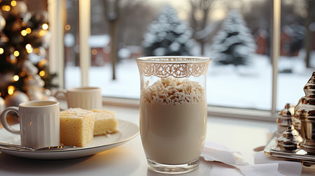 Glass mug of pumpkin spice late or eggnog in a festive, cozy and winter Christmas atmosphere. home feeling mood.の素材