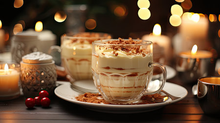 Glass mug of pumpkin spice late or eggnog in a festive, cozy and winter Christmas atmosphere. home feeling mood.の素材