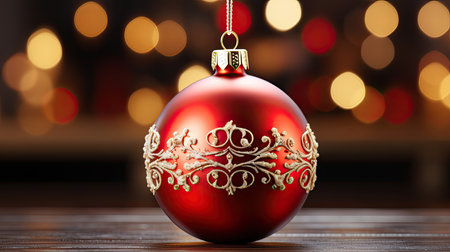 Shiny Christmas red ball hanging on pine branches with festive backgroundの素材