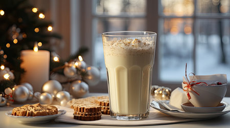 Glass mug of pumpkin spice late or eggnog in a festive, cozy and winter Christmas atmosphere. home feeling mood.の素材