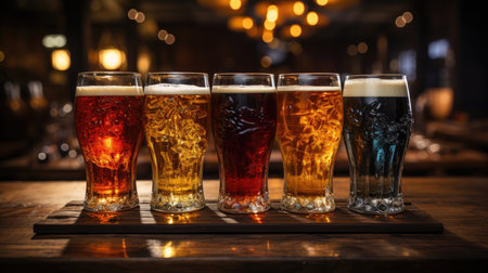 Glasses with different sorts of craft beer on wooden bar.の素材
