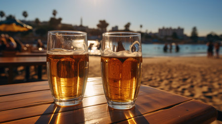 Glasses with different sorts of craft beer on wooden bar on the beachの素材